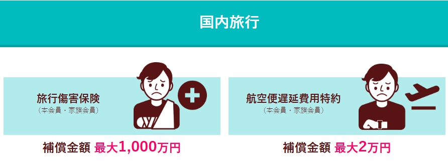 国内旅行においても旅先での不慮の事故をサポートする国内旅行傷害保険と国内航空便遅延費用特約がセットのイメージ