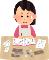 家計簿をつけて貯金の管理や家計のやりくりをしている主婦のイラスト
